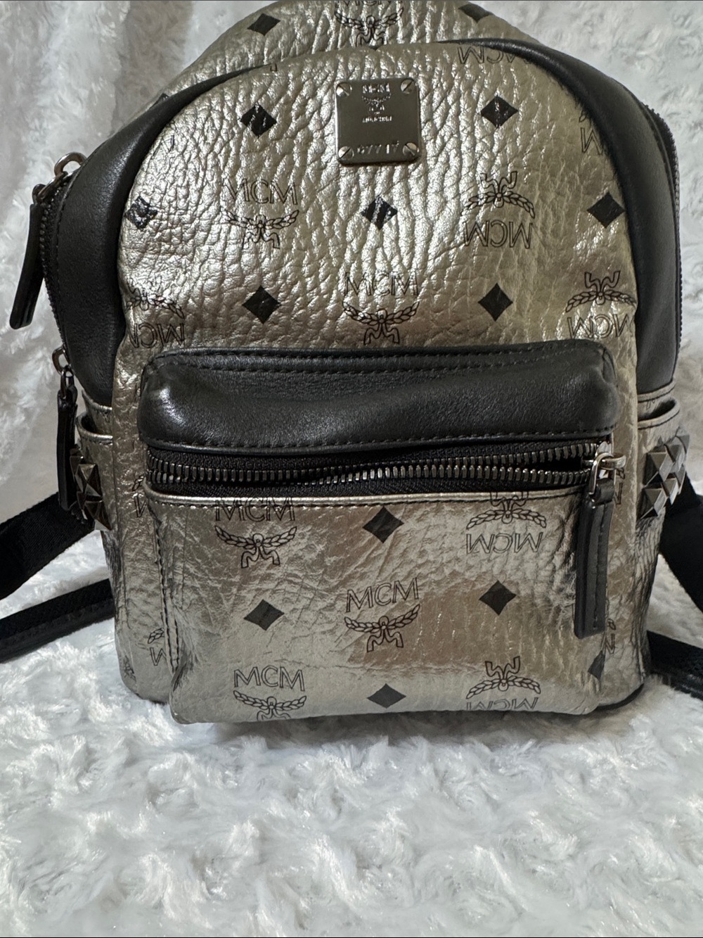MCM Metallic Silver Mini Backpack with Black Trim